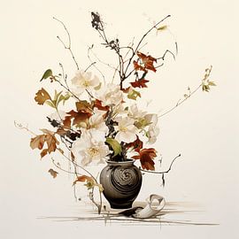 Watercolour dry bouquet vase brown-beige tones filigree
