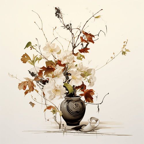 Aquarel droog boeket vaas bruin-beige tinten filigraan