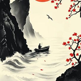 Japanese Landscape with Fisherman and Sun by MIROKKU