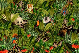 Jungle met panda, toekan, paradijsvogel, beer, tijger en apen. van Studio POPPY