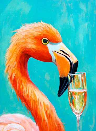 Flamingo met champagneglas kunstwerk