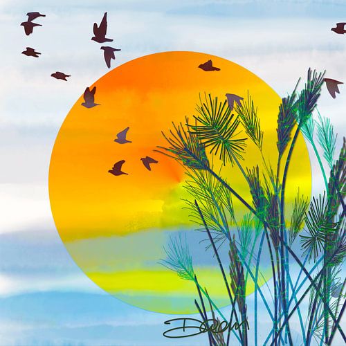 Oiseaux, soleil et roseaux