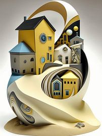 Miniature landscape porcelain houses coast dune surreal