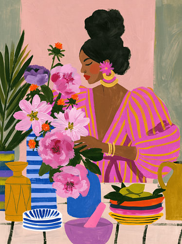 A Bouquet of Summer, a colourful portrait of a woman with flowers