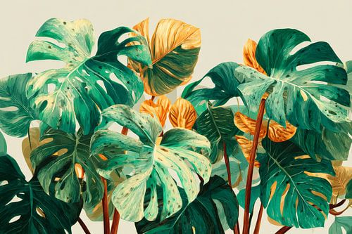 Monstera Leaves Tropical Rhythm in Green and Yellow by Eva Lee