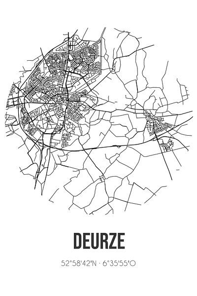 Deurze (Drenthe) | Carte | Noir et blanc par Affiches de lieux