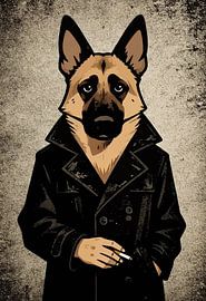 Berger allemand en trench-coat fumant dans un film noir - Affiche vintage représentant un chien détective