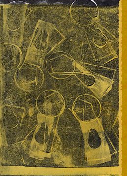 Moderne abstracte kunst. Organische vormen in pastelgeel en zwart van Dina Dankers