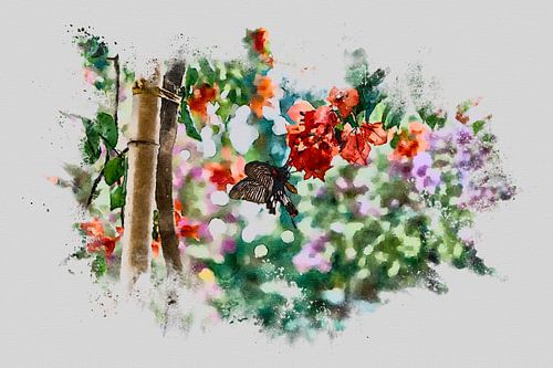 Bloemen met vlinder in waterbrush-stijl