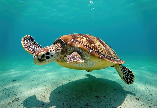 Zeeschildpad zwemt onder water over zand