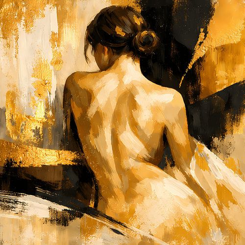 Golden Grace – Abstraktes Rückenporträt in Gold und Ocker