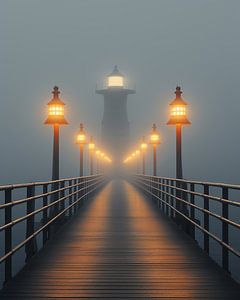 Seebrücke mit Leuchtturm im Nebel