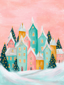 Pastellfarbenes Winterdorf in verschneiter Landschaft mit rosa Himmel und Weihnachtsbäumen