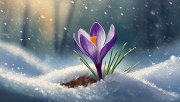 Spring crocus flowers in the snow, art design by Animaflora PicsStock