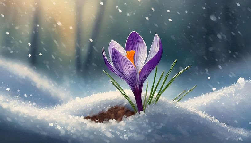 Printemps crocus fleurs dans la neige, design artistique par Animaflora PicsStock