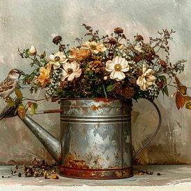 Romantisches Gemälde: Haussperling auf antiker Gießkanne mit Blumen von Studio Pieternel