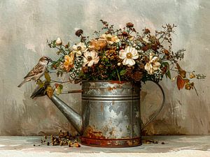Romantisches Gemälde: Haussperling auf antiker Gießkanne mit Blumen