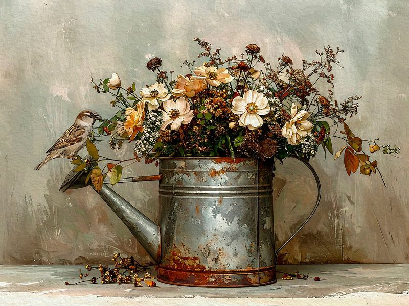Romantisches Gemälde: Haussperling auf antiker Gießkanne mit Blumen von Studio Pieternel
