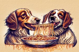 2 chiens mangent des spaghettis (art) sur Art by Jeronimo