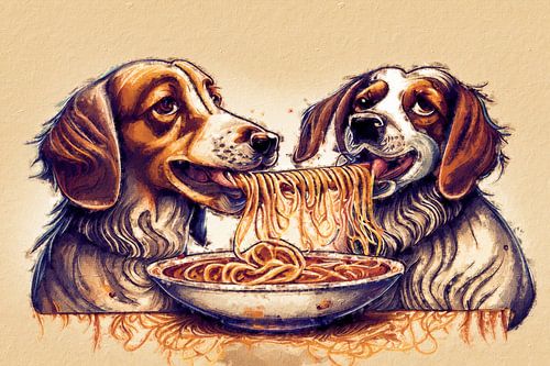 2 dogs eat spaghetti (art)
