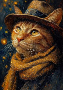 Posterprint van kat met hoed, geïnspireerd op van Gogh van Niklas Maximilian
