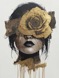 Zwart-Goud Vrouwenportret met Roos – Luxe Statement Wanddecoratie