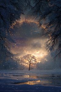 Baum im goldenen Winterlicht bei Sonnenuntergang