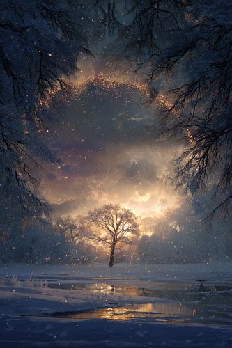 Tree in Golden Winter Light at Sunset