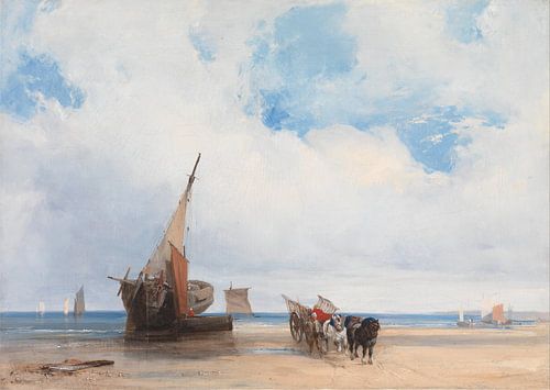 Strand schepen en een wagen, in de buurt van Trouville, Frankrijk, Richard Parkes Bonington.