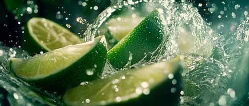Spritzende Limetten in frischem Wasser
