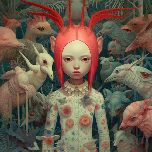 Strange fairytale illustration with unusual bizarre creatures or animals