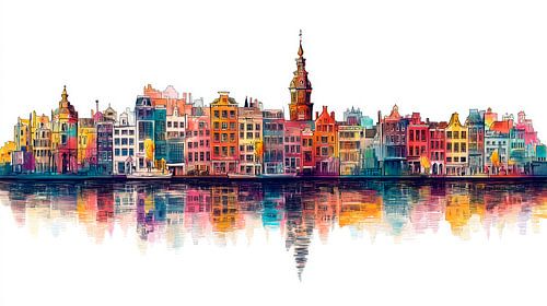 Colourful Amsterdam canals with water reflection