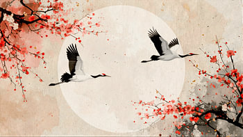 Cranes fly above blossoming trees under a full moon