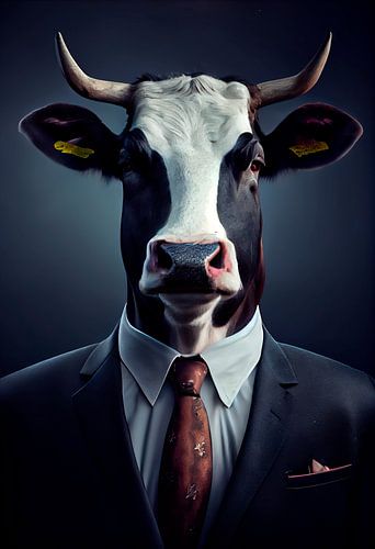 Stately standing portrait of a Cow in a fancy suit by Maarten Knops