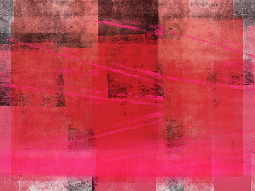 Moderne abstracte kunst in neonroze, zwart, warm oranje en wit.