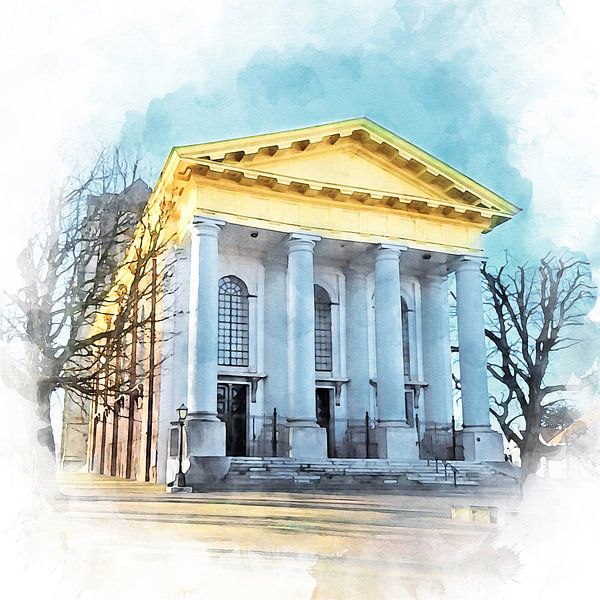 Watercolour image of the Nieuwe Kerk in Zierikzee, Schouwen-Duiveland, Zeeland by Danny de Klerk