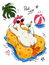 Canard rigolo à la piscine avec des lunettes de soleil – Cocktail « & » – Illustration dessinée à la main