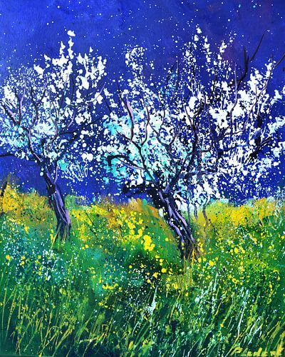 Twee bloeiende appelbomen