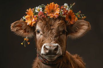 Décoration florale et idylle à la ferme : une vache avec une couronne de fleurs comme incarnation de la beauté rurale sur Felix Brönnimann