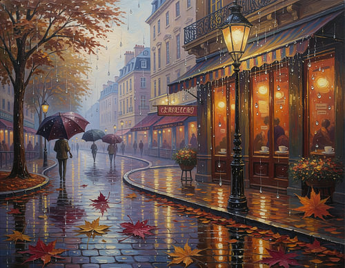 Romantische Herbststraße nach dem Regen – Leuchtende Lampen und bunte Spiegelungen auf nassem Kopfsteinpflaster