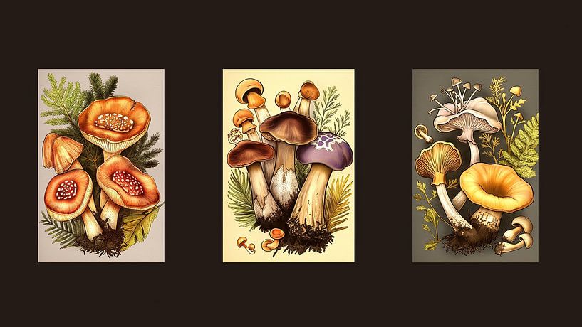 triptyque coloré de différents champignons par Margriet Hulsker
