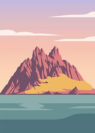Minimalist flat vector illustration of a jagged mountain island rising from a calm turquoise sea.
