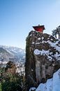 Un temple rouge au sommet d'une montagne enneigée par Mickéle Godderis Aperçu