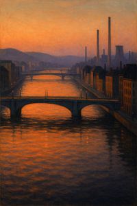 Lüttich in der Abenddämmerung - Industriebrücken in bernsteinfarbener Reflexion