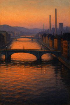 Luik bij schemering - Industriële bruggen in amberkleurige reflectie