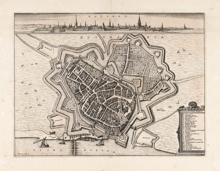 Map of Zutphen, circa 1650, with white frame. by Gert Hilbink