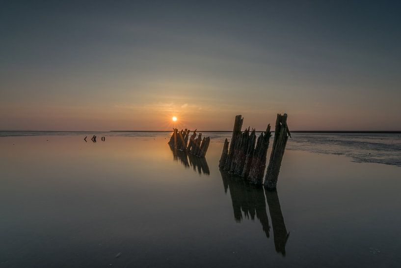 Poles in the sea at dusk by Patrick Verhoef