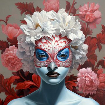 Surrealistisch portret van een vreemde vogel met bloemenpruik van Lauri Creates