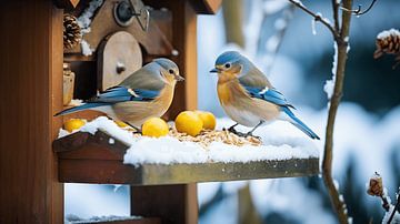 Cyanistes caeruleus Pimpelmezen Vogels voeden zich bij een voederhuisje in de winter als er sneeuw in de tuin ligt van Animaflora PicsStock