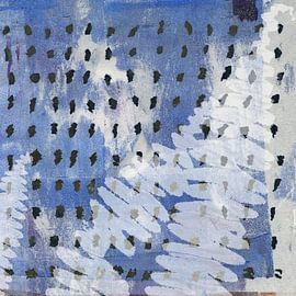 Abstrakte botanische Mixed Media Kunst. Farnblätter in Blau, Weiß und Schwarz von Abstrakte minimalistische Kunst